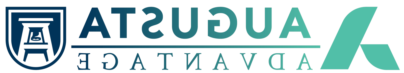 奥古斯塔的优势 logo composed of the 买世界杯app推荐 A icon in mint green on the left with the words 奥古斯塔的优势 in the center divided by a horizontal line followed by the Augusta University icon in Navy blue on the right. The whole logo transitions from mint green to Navy blue as you read from left to right.